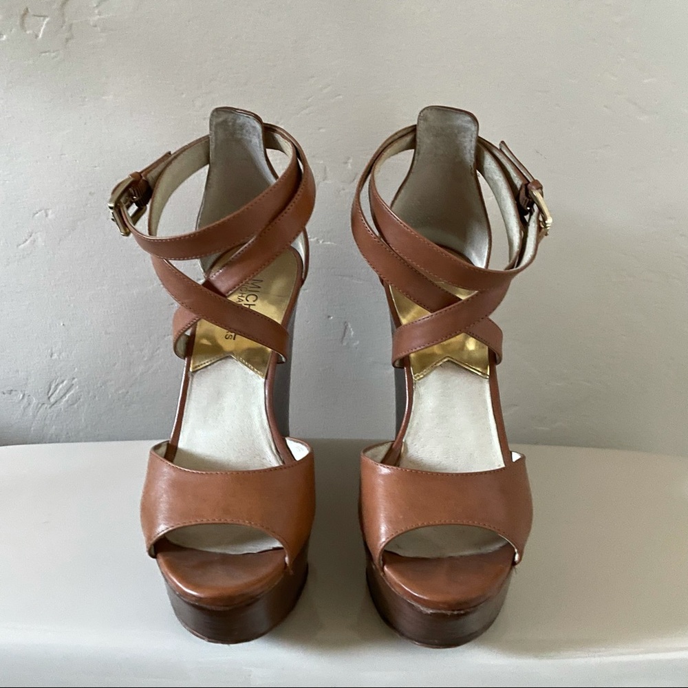 MICHAEL Michael Kors Brown Leather Platform Wedge Sandals